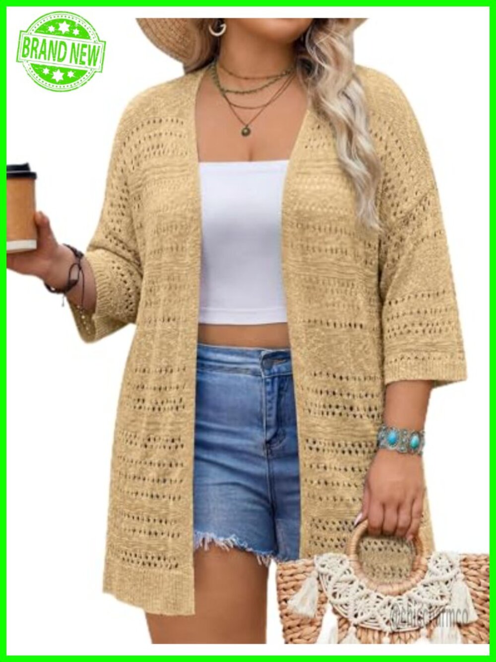 Crochet Cardigan Women Plus Size 3/4 Sleeve Open Front Lightweight Summer Kimono